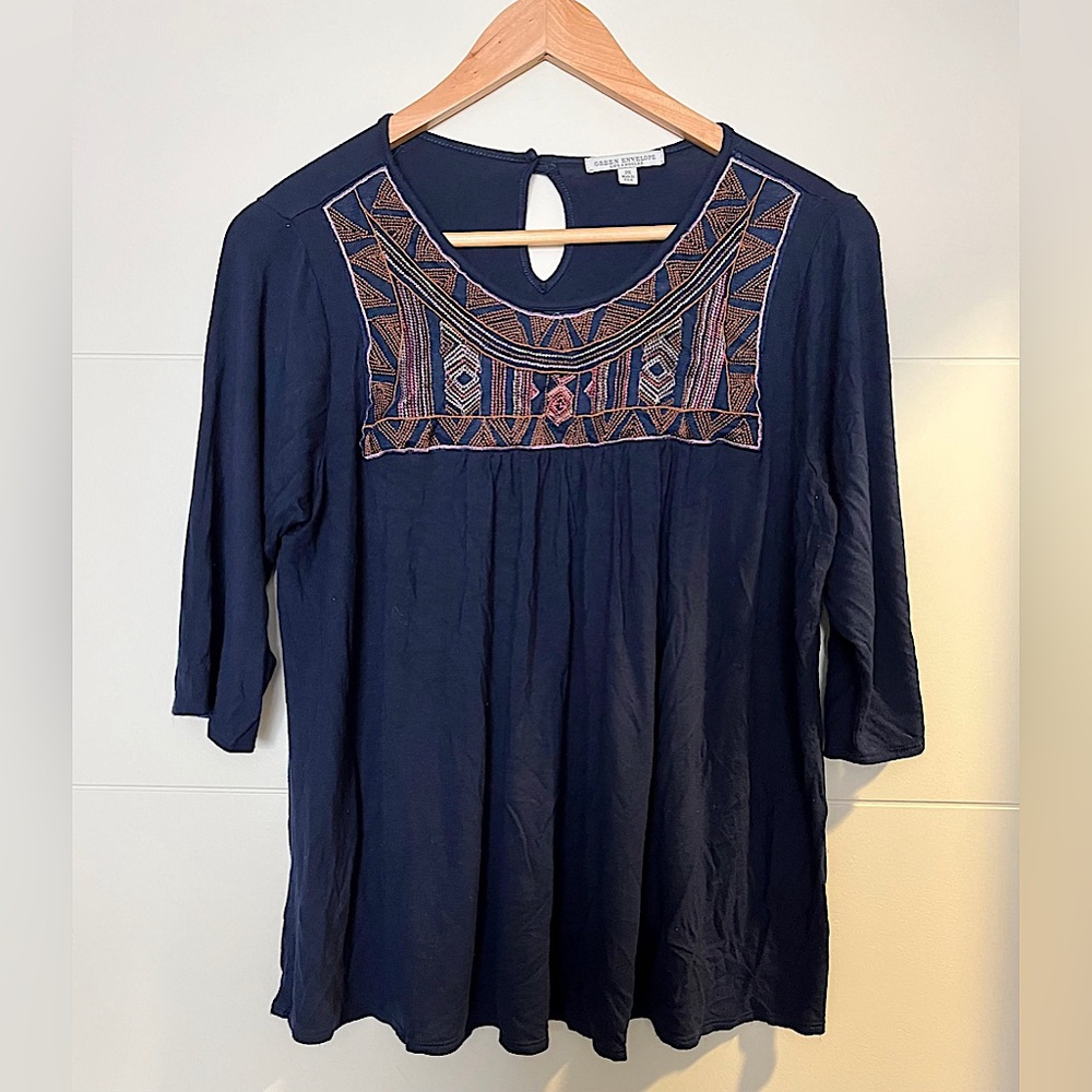 Intricately beaded casual trapeze mid sleeve t-shirt